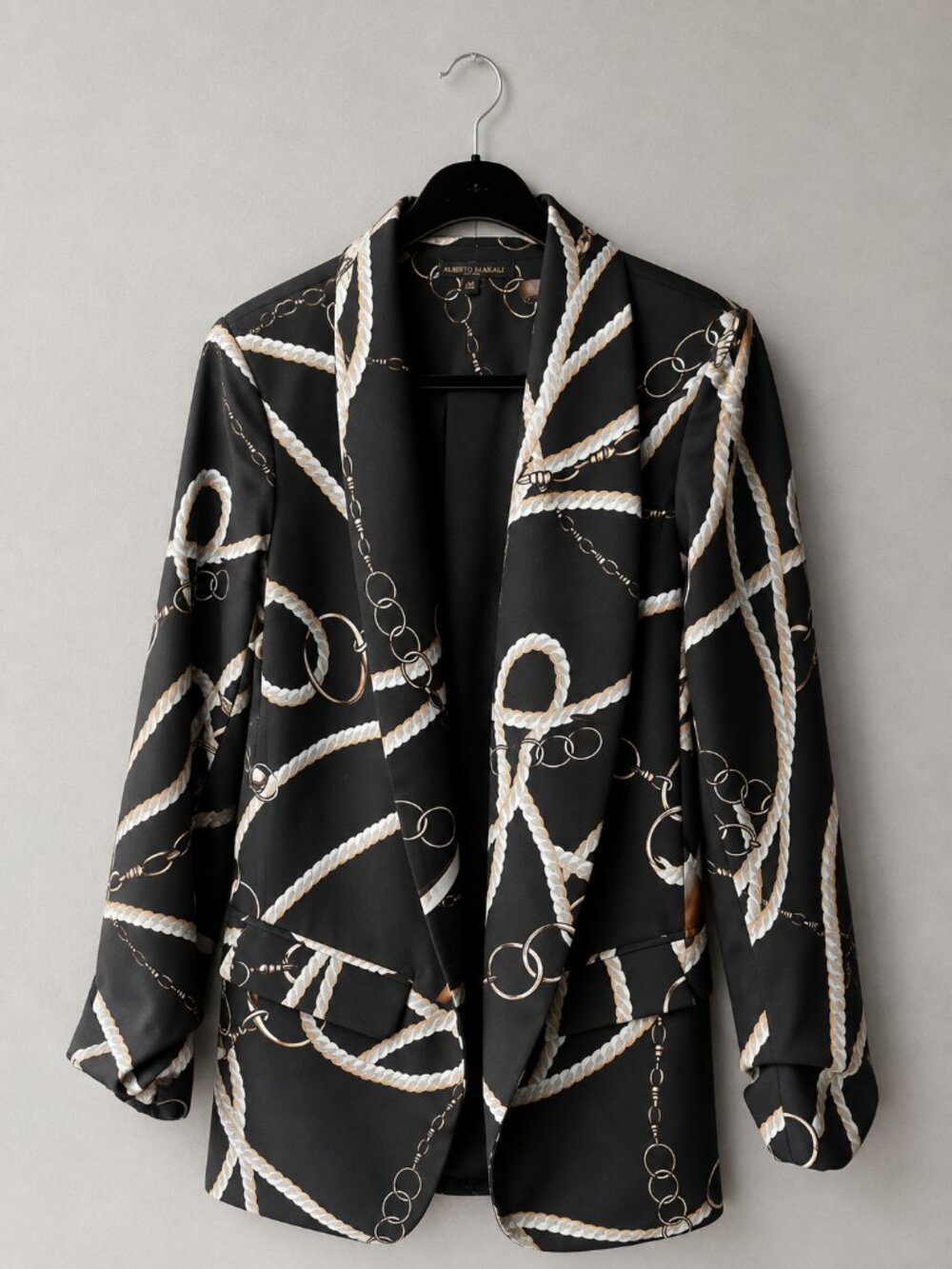 Alberto Makali Chain Print Blazer XS Black Gold Rope Equestrian Open Front
